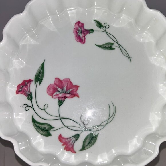 Frugier Limoges France Ceramic Fluted Tart Pan 10" MCM Morning Glory Flowers - Picture 3 of 11